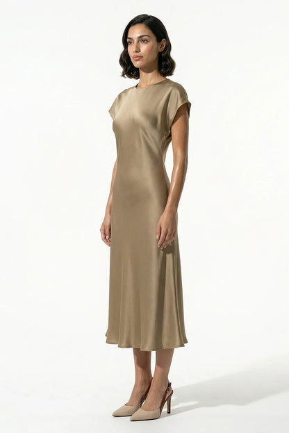 Side view of taupe satin midi dress with relaxed cap sleeves and midi hem
