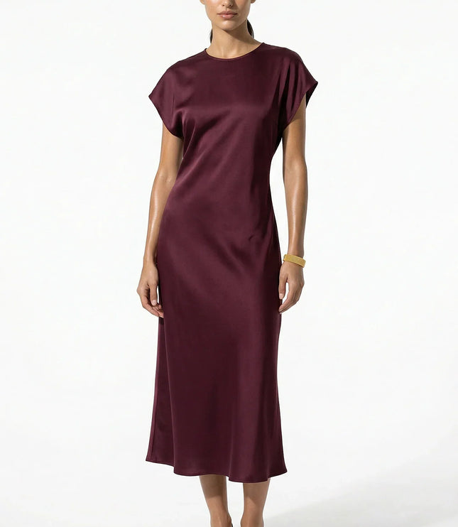 Burgundy satin midi dress with cap sleeves and elegant straight cut
