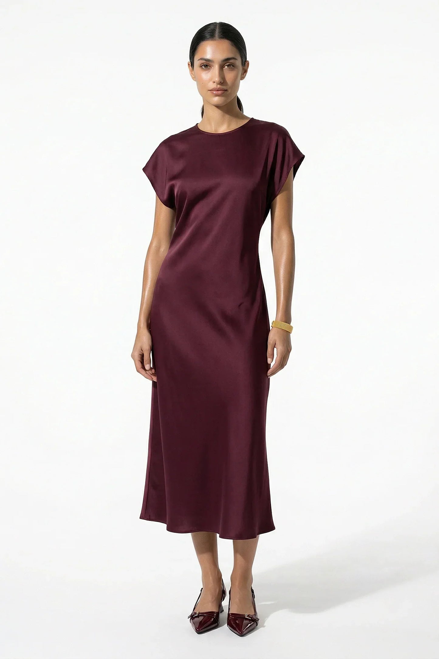 Burgundy satin midi dress with cap sleeves and elegant straight cut