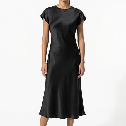 Black satin midi dress with cap sleeves and a sleek straight silhouette