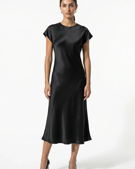 Black satin midi dress with cap sleeves and a sleek straight silhouette