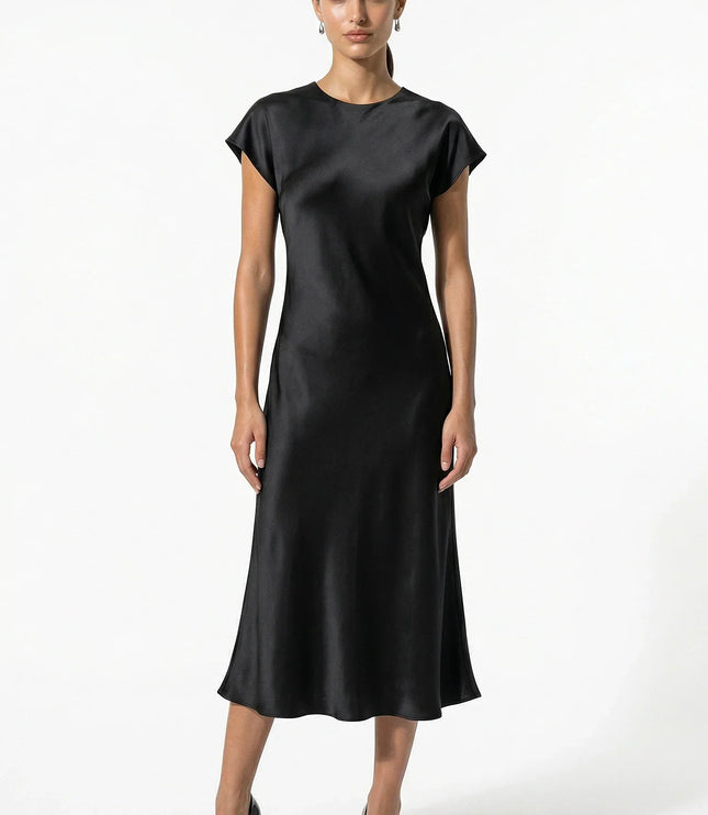 Black satin midi dress with cap sleeves and a sleek straight silhouette
