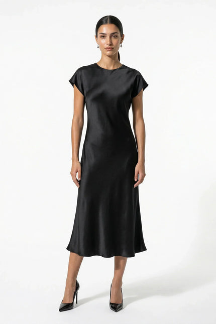 Black satin midi dress with cap sleeves and a sleek straight silhouette