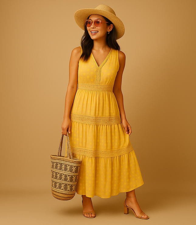 Women's Eyelet Maxi Dress with a V-Neckline and Tiered Skirt