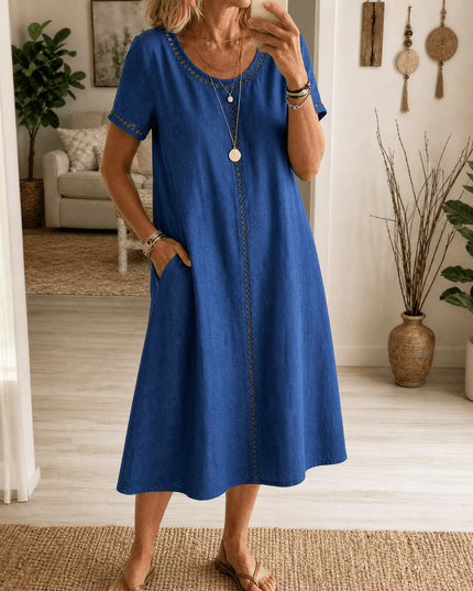 Women's Eyelet Trim Short Sleeve Denim Midi Dress