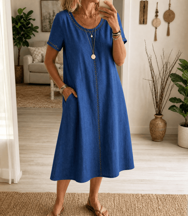Women's Eyelet Trim Short Sleeve Denim Midi Dress