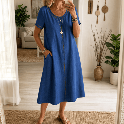 Women's Eyelet Trim Short Sleeve Denim Midi Dress