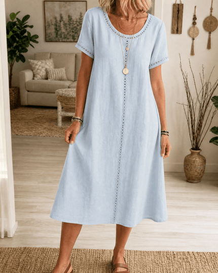 Women's Eyelet Trim Short Sleeve Denim Midi Dress