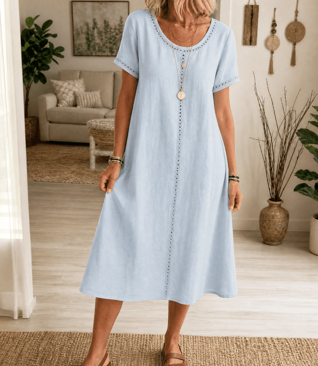 Women's Eyelet Trim Short Sleeve Denim Midi Dress