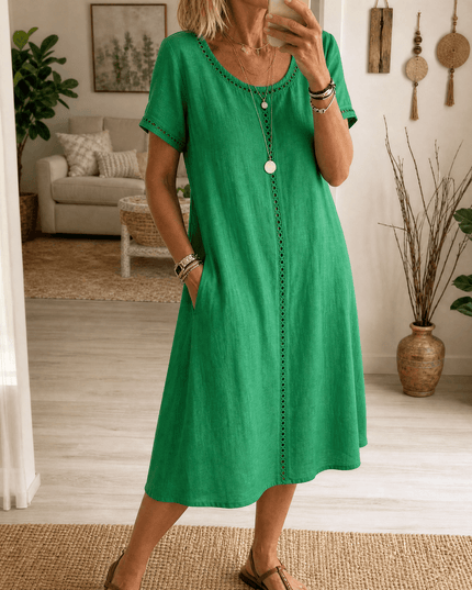 Women's Eyelet Trim Short Sleeve Denim Midi Dress