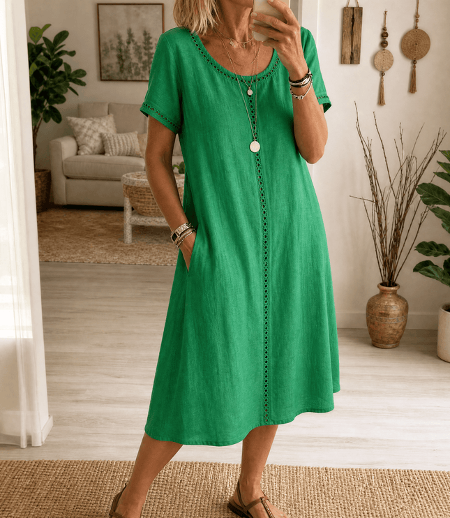 Women's Eyelet Trim Short Sleeve Denim Midi Dress
