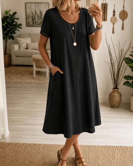 Women's Eyelet Trim Short Sleeve Denim Midi Dress