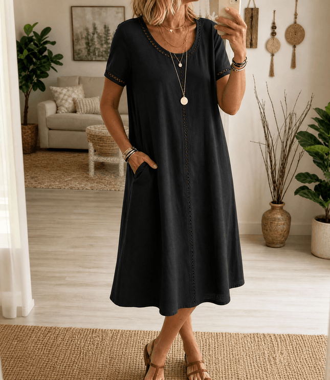 Women's Eyelet Trim Short Sleeve Denim Midi Dress