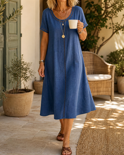 Women's Eyelet Trim Short Sleeve Denim Midi Dress