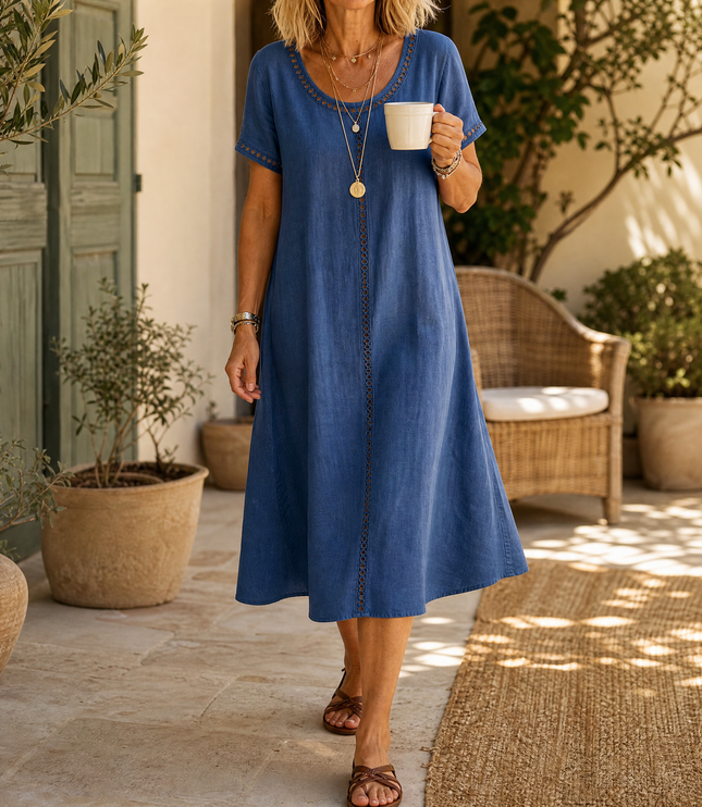 Women's Eyelet Trim Short Sleeve Denim Midi Dress