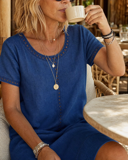 Women's Eyelet Trim Short Sleeve Denim Midi Dress