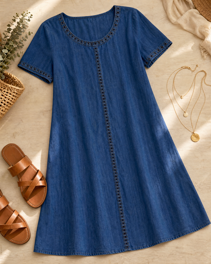 Women's Eyelet Trim Short Sleeve Denim Midi Dress