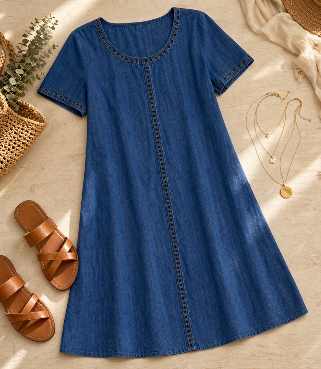 Women's Eyelet Trim Short Sleeve Denim Midi Dress