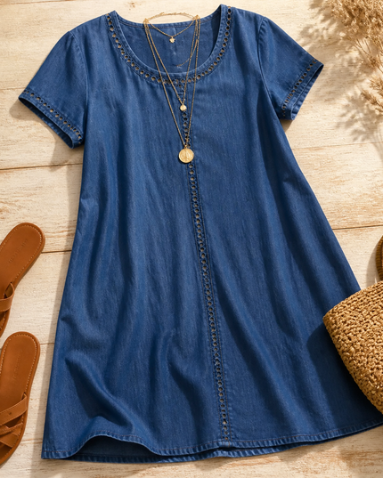 Women's Eyelet Trim Short Sleeve Denim Midi Dress