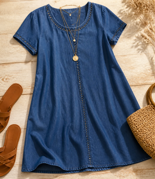 Women's Eyelet Trim Short Sleeve Denim Midi Dress