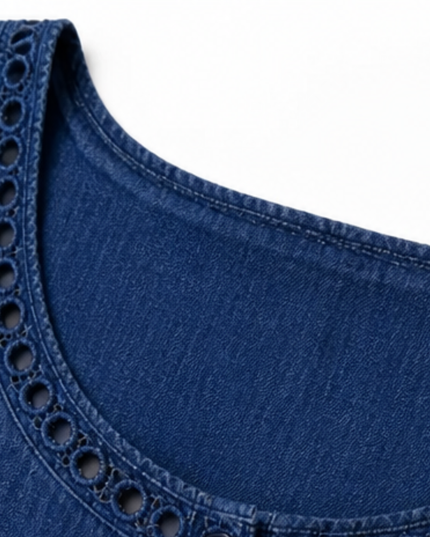 Women's Eyelet Trim Short Sleeve Denim Midi Dress