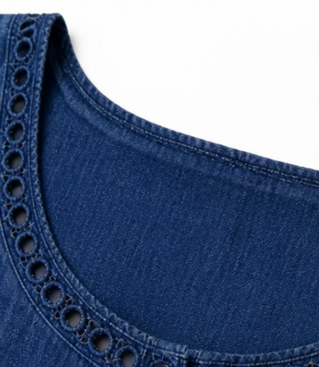 Women's Eyelet Trim Short Sleeve Denim Midi Dress