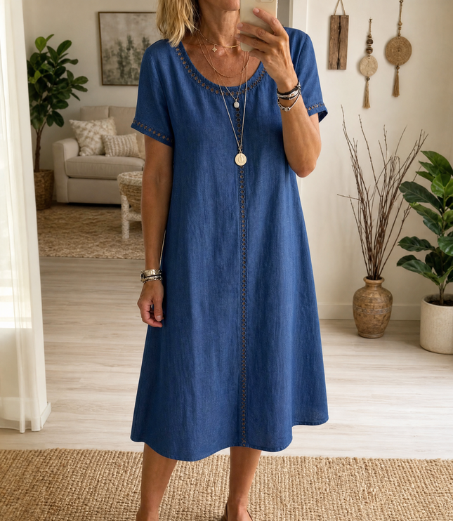 Women's Eyelet Trim Short Sleeve Denim Midi Dress