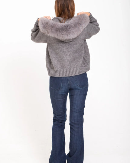 Women's Faux Fur Hooded Cropped Knit Zip Up Jacket