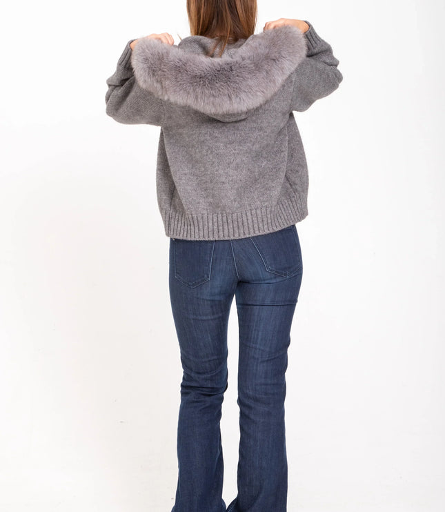 Women's Faux Fur Hooded Cropped Knit Zip Up Jacket