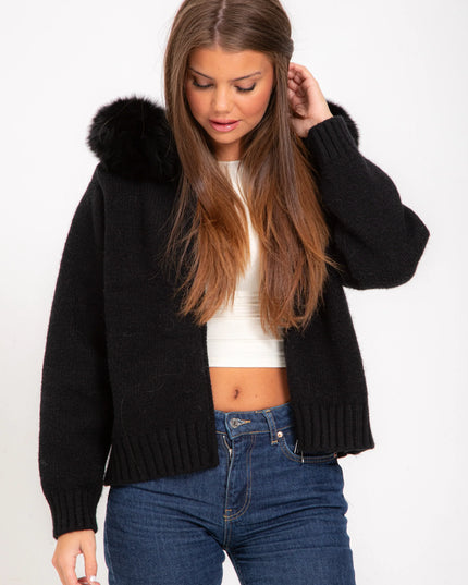 Women's Faux Fur Hooded Cropped Knit Zip Up Jacket