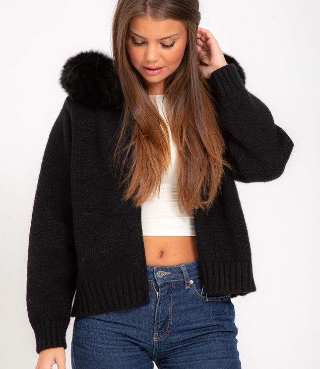Women's Faux Fur Hooded Cropped Knit Zip Up Jacket