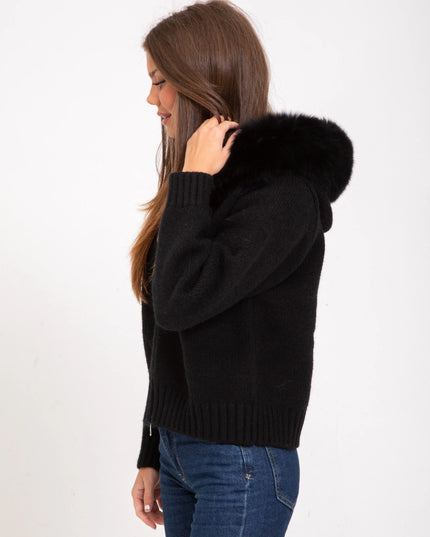 Women's Faux Fur Hooded Cropped Knit Zip Up Jacket