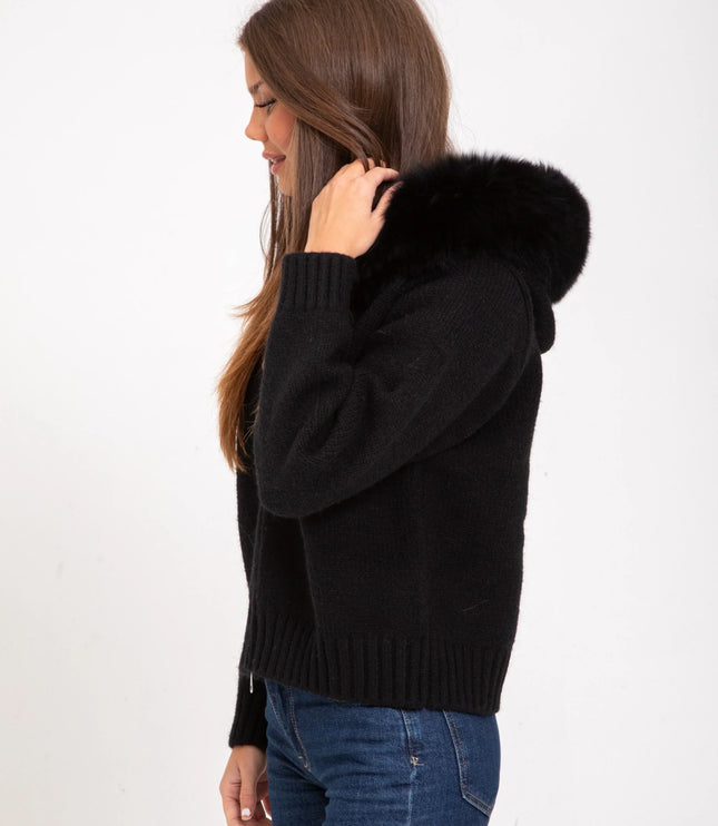 Women's Faux Fur Hooded Cropped Knit Zip Up Jacket
