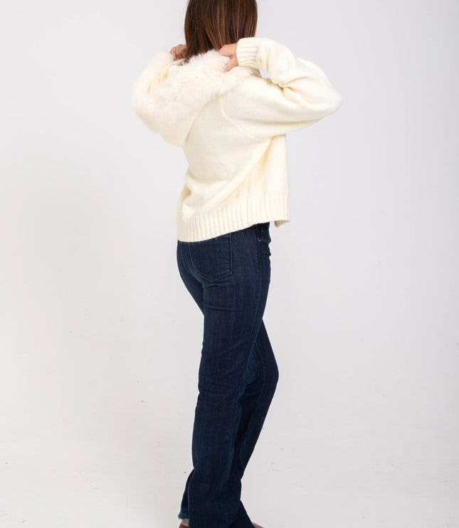 Women's Faux Fur Hooded Cropped Knit Zip Up Jacket