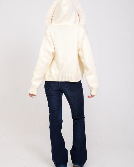 Women's Faux Fur Hooded Cropped Knit Zip Up Jacket