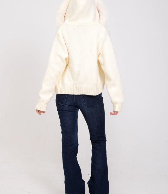 Women's Faux Fur Hooded Cropped Knit Zip Up Jacket