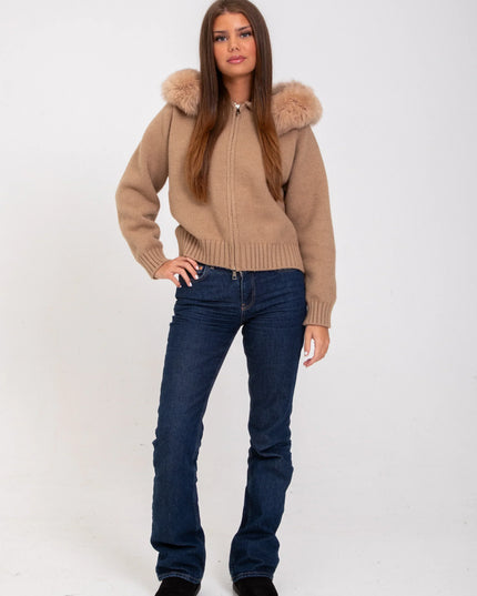 Women's Faux Fur Hooded Cropped Knit Zip Up Jacket