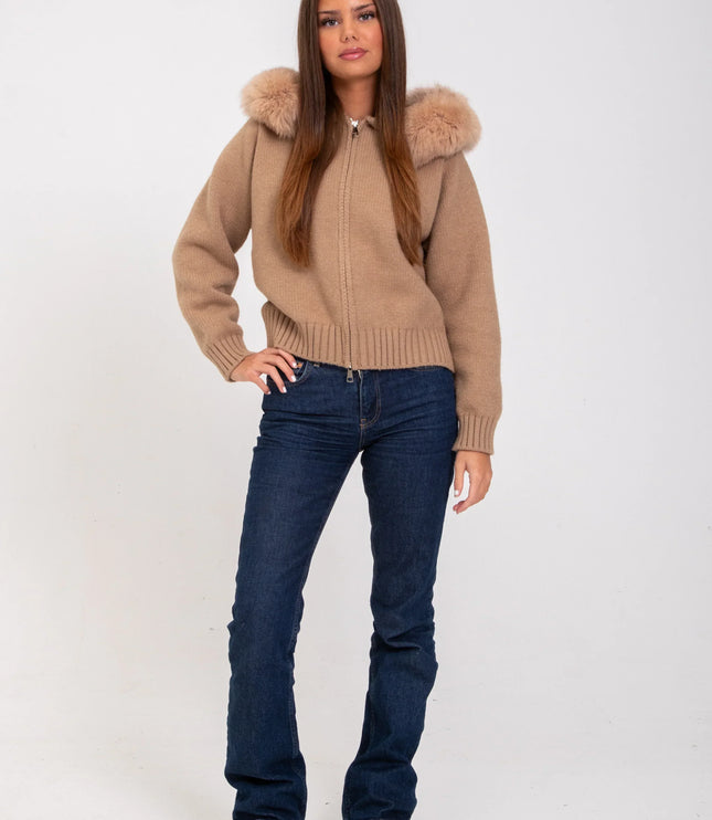 Women's Faux Fur Hooded Cropped Knit Zip Up Jacket