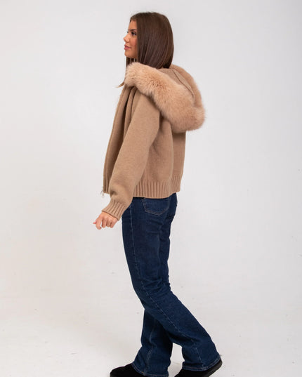 Women's Faux Fur Hooded Cropped Knit Zip Up Jacket
