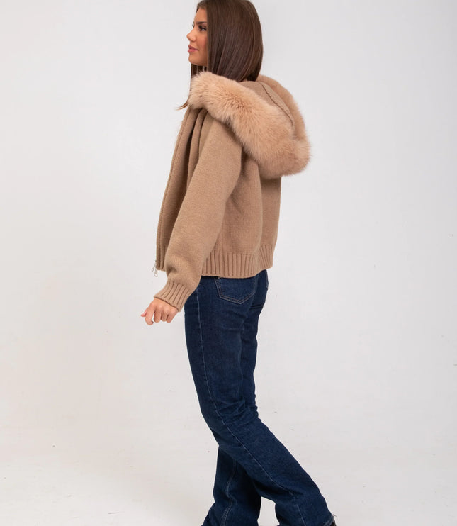 Women's Faux Fur Hooded Cropped Knit Zip Up Jacket