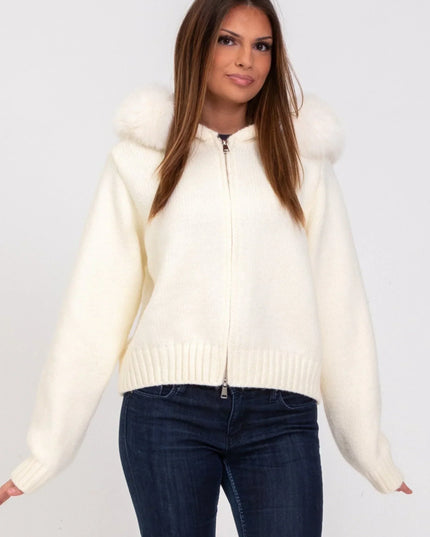 Women's Faux Fur Hooded Cropped Knit Zip Up Jacket