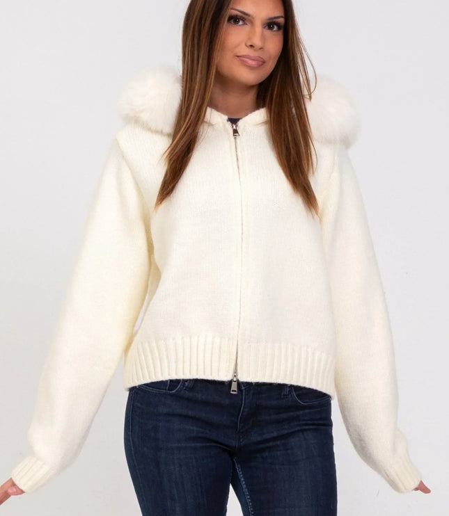 Women's Faux Fur Hooded Cropped Knit Zip Up Jacket