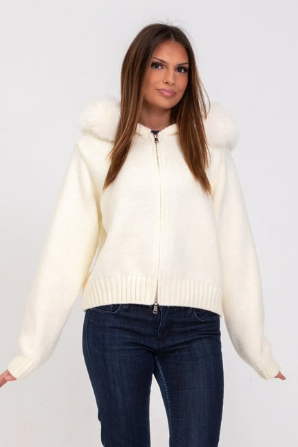 Women's Faux Fur Hooded Cropped Knit Zip Up Jacket