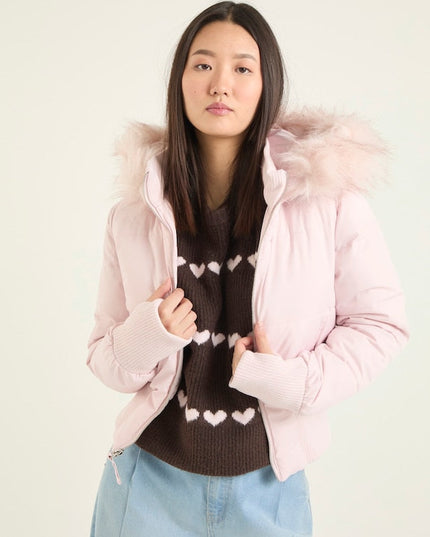 Women's Faux Fur Hooded Zip-Front Quilted Puffer Jacket