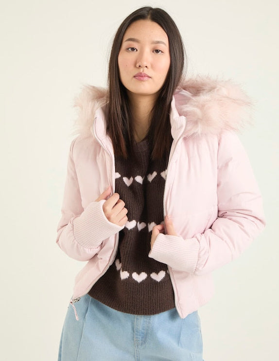 Women's Faux Fur Hooded Zip-Front Quilted Puffer Jacket