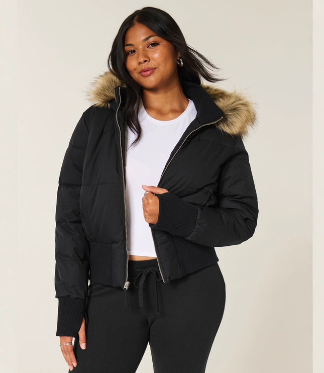 Women's Faux Fur Hooded Zip-Front Quilted Puffer Jacket