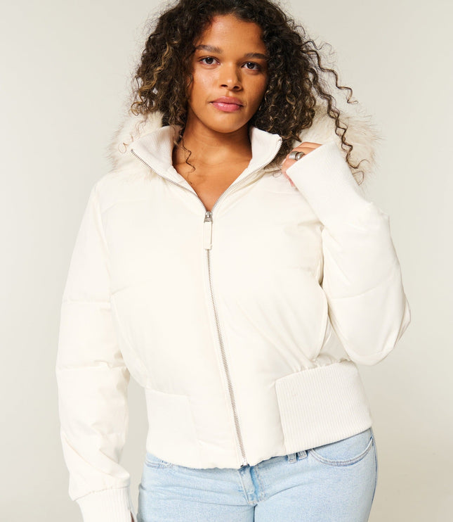 Women's Faux Fur Hooded Zip-Front Quilted Puffer Jacket