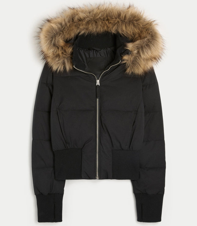 Women's Faux Fur Hooded Zip-Front Quilted Puffer Jacket