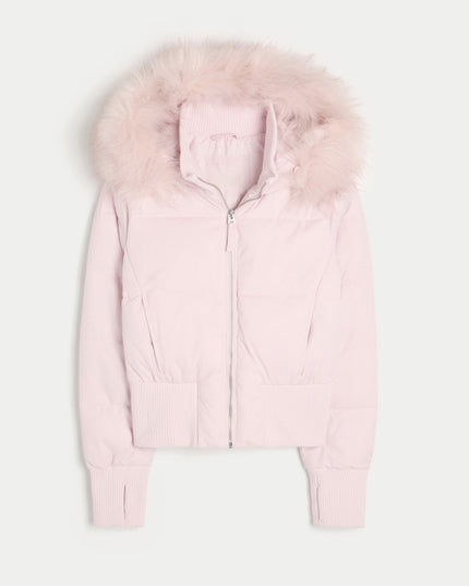 Women's Faux Fur Hooded Zip-Front Quilted Puffer Jacket