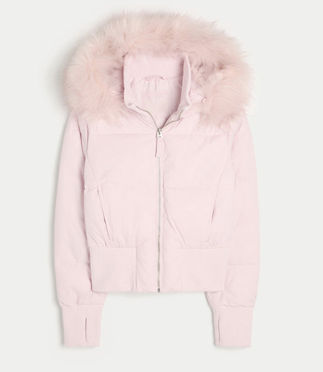 Women's Faux Fur Hooded Zip-Front Quilted Puffer Jacket